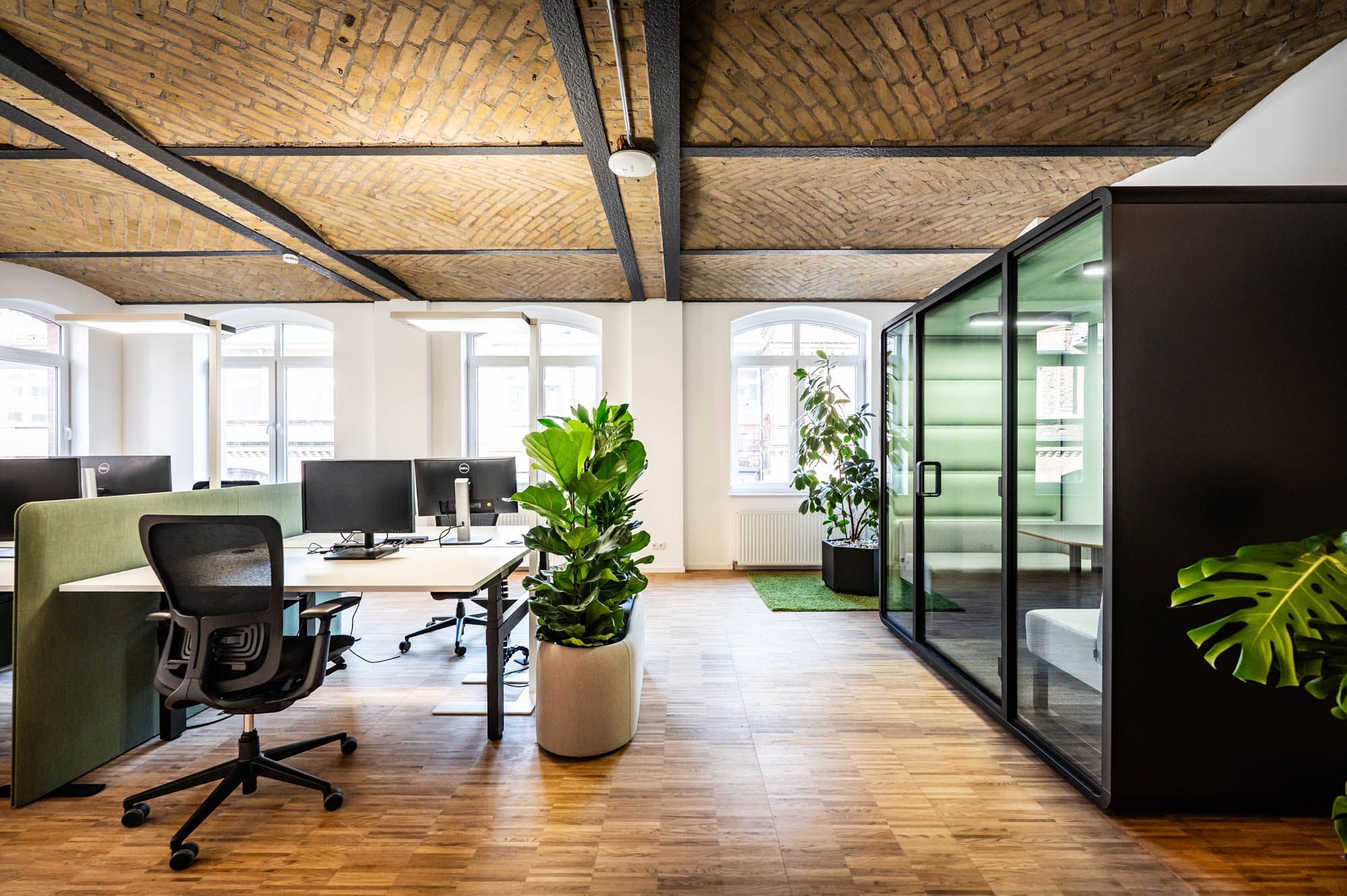 Modern office interior with desks, chairs, and plants.