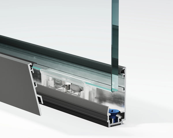 Close-up of a glass door mechanism with a white background