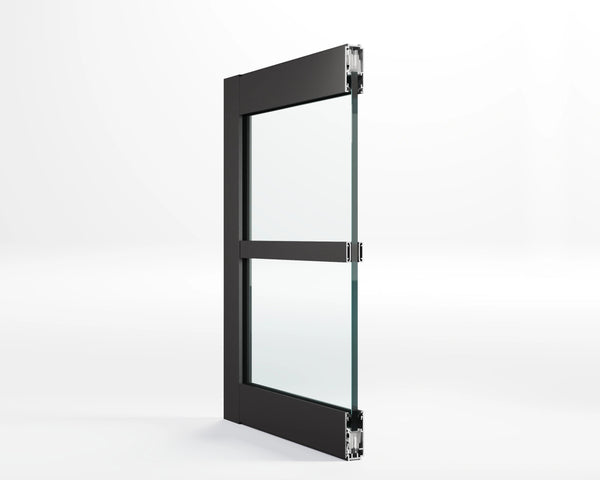 Glass door with black frame on a white background