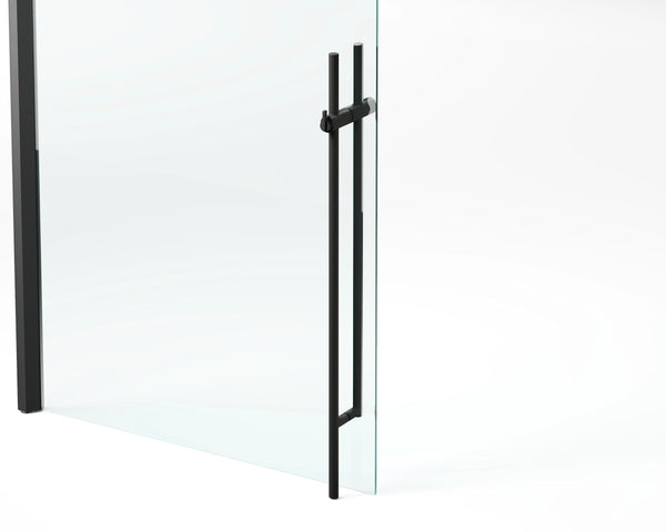 Glass shower enclosure with black handle on a white background
