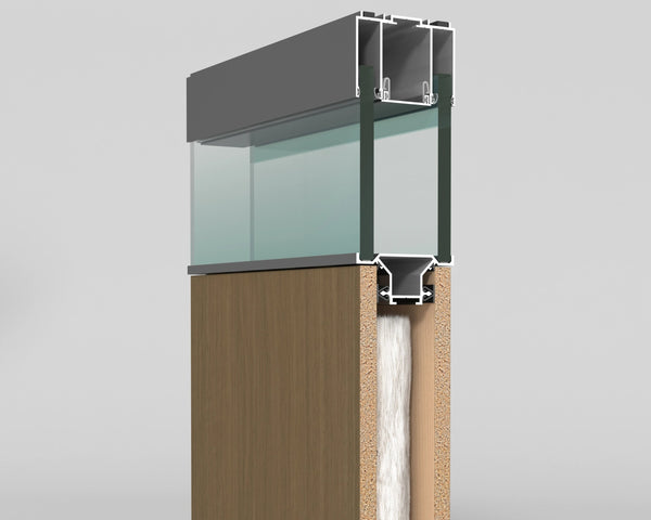 Sectional view of a window frame with glass, wood, and metal components on a gray background