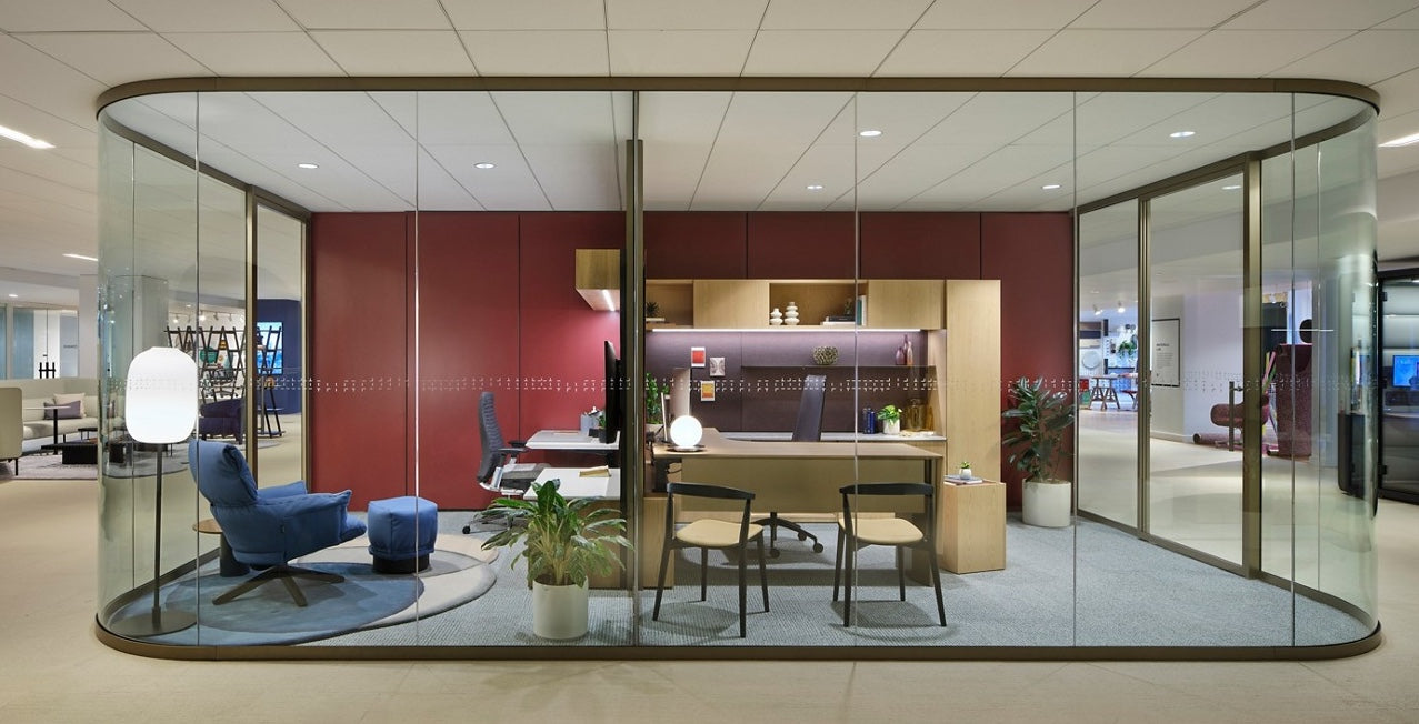 Modern office interior with glass partitioned office space
