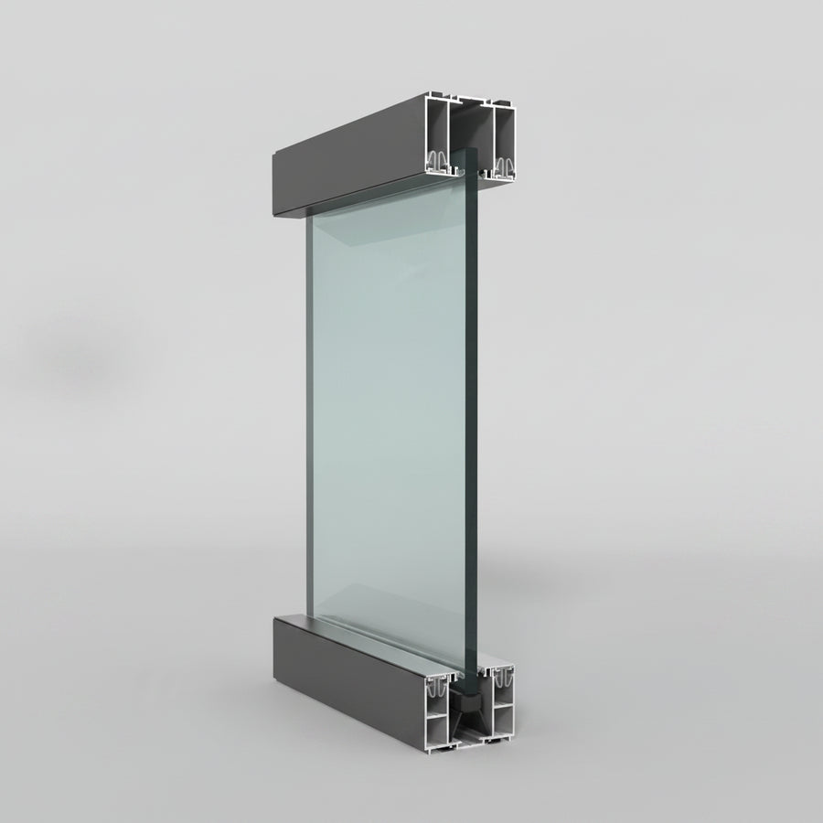 Aluminum frame with glass panel on a gray background