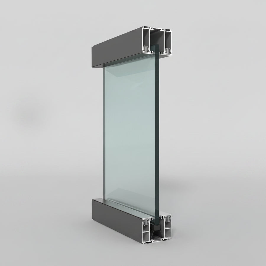 Aluminum frame with glass panel on a gray background
