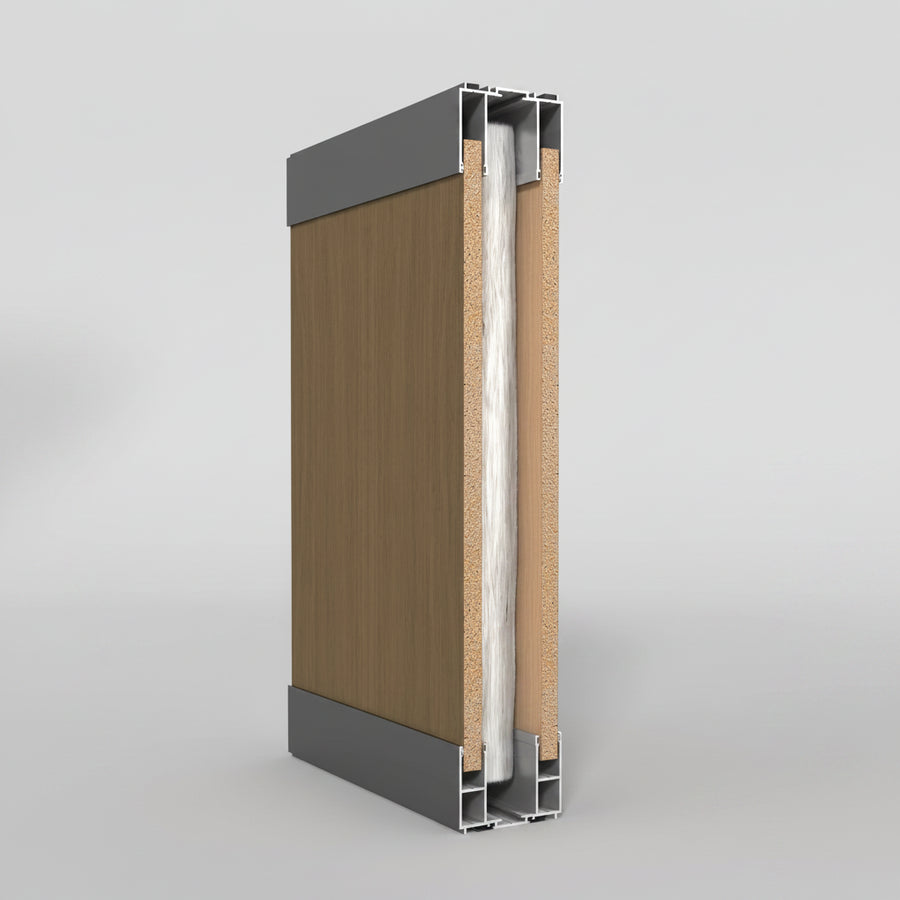 Cross-section of a building facade with wooden panel, insulation, and metal frame on a gray background