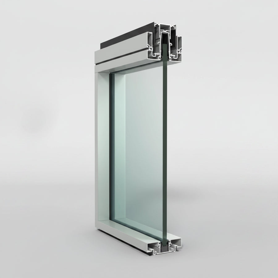 Window frame with glass on a gray background