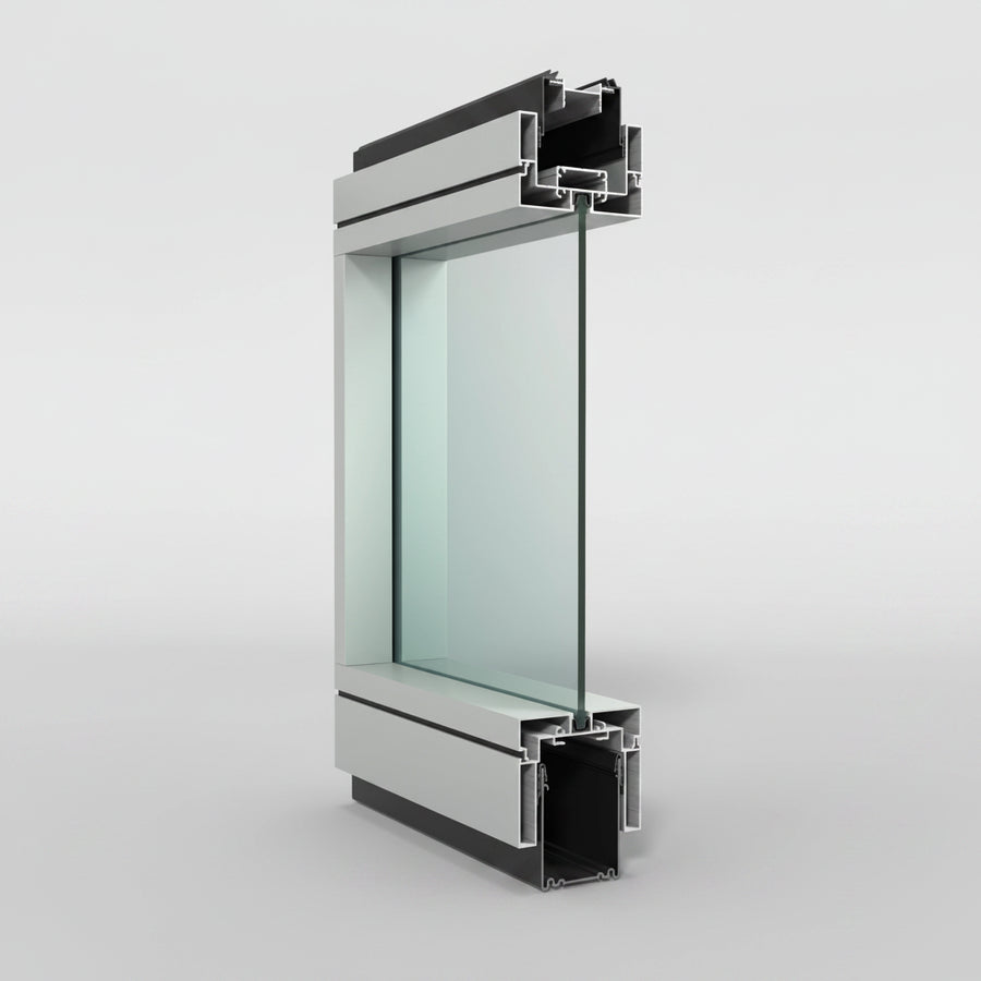 Glass panel with metal frame on a white background