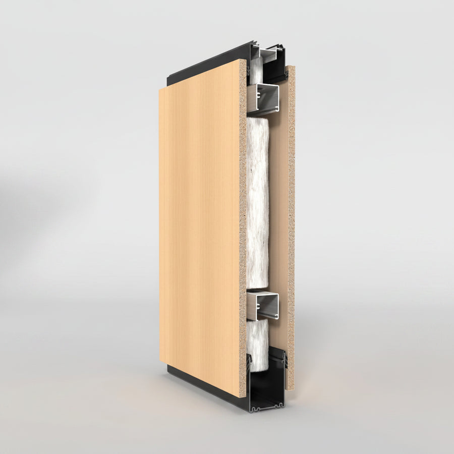 Sectional view of a building façade with wooden panel, insulation, and metal frame on a white background.