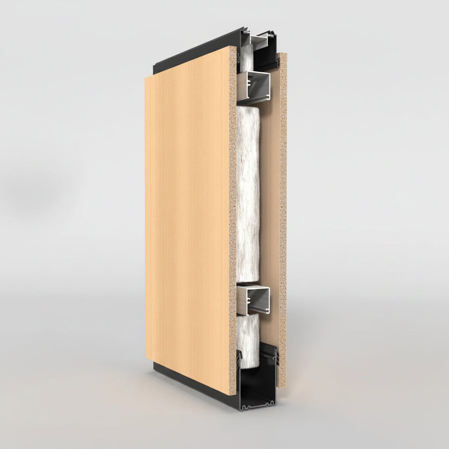 Sectional view of a building façade with wooden panel, insulation, and metal frame on a white background.