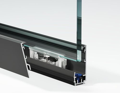 Close-up of a glass door mechanism with a white background