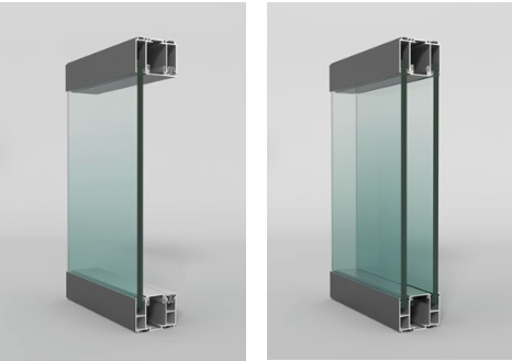 Glass panel with metal frame on a gray background