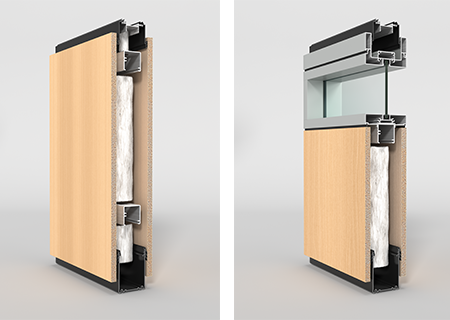 Wooden panel with glass insert on a white background