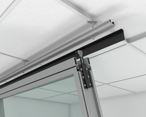 Glass door with a hinge mechanism on a white ceiling