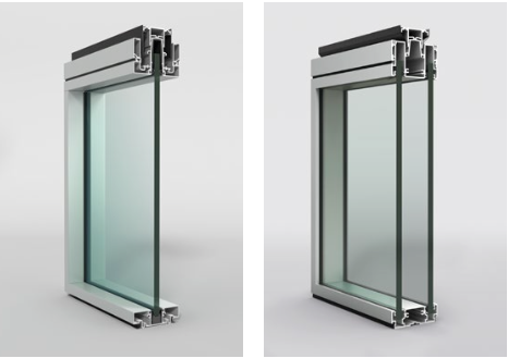 Two views of a glass door frame with metal trim on a white background