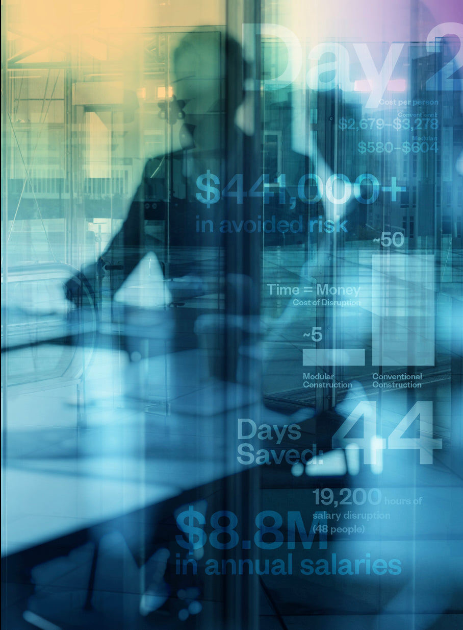 Man sitting at a desk with digital overlays showing financial data and statistics.