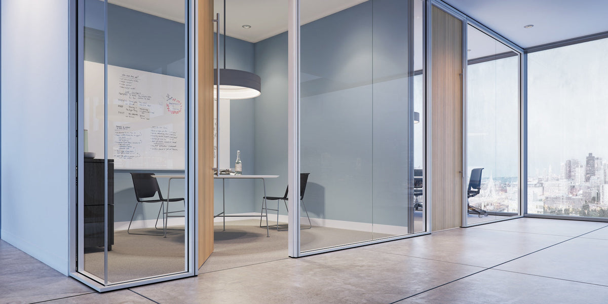 Modern office with glass walls and cityscape view