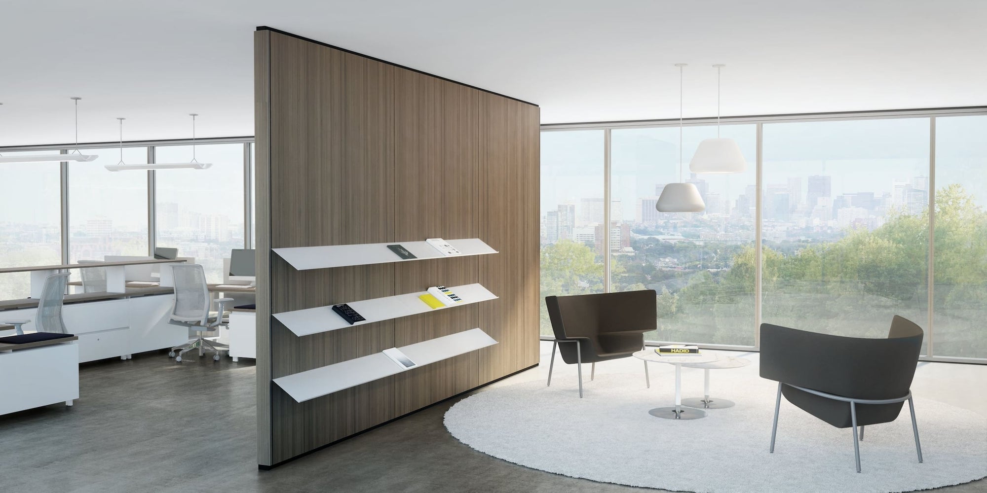 Modern office space with a wooden partition and white shelves.