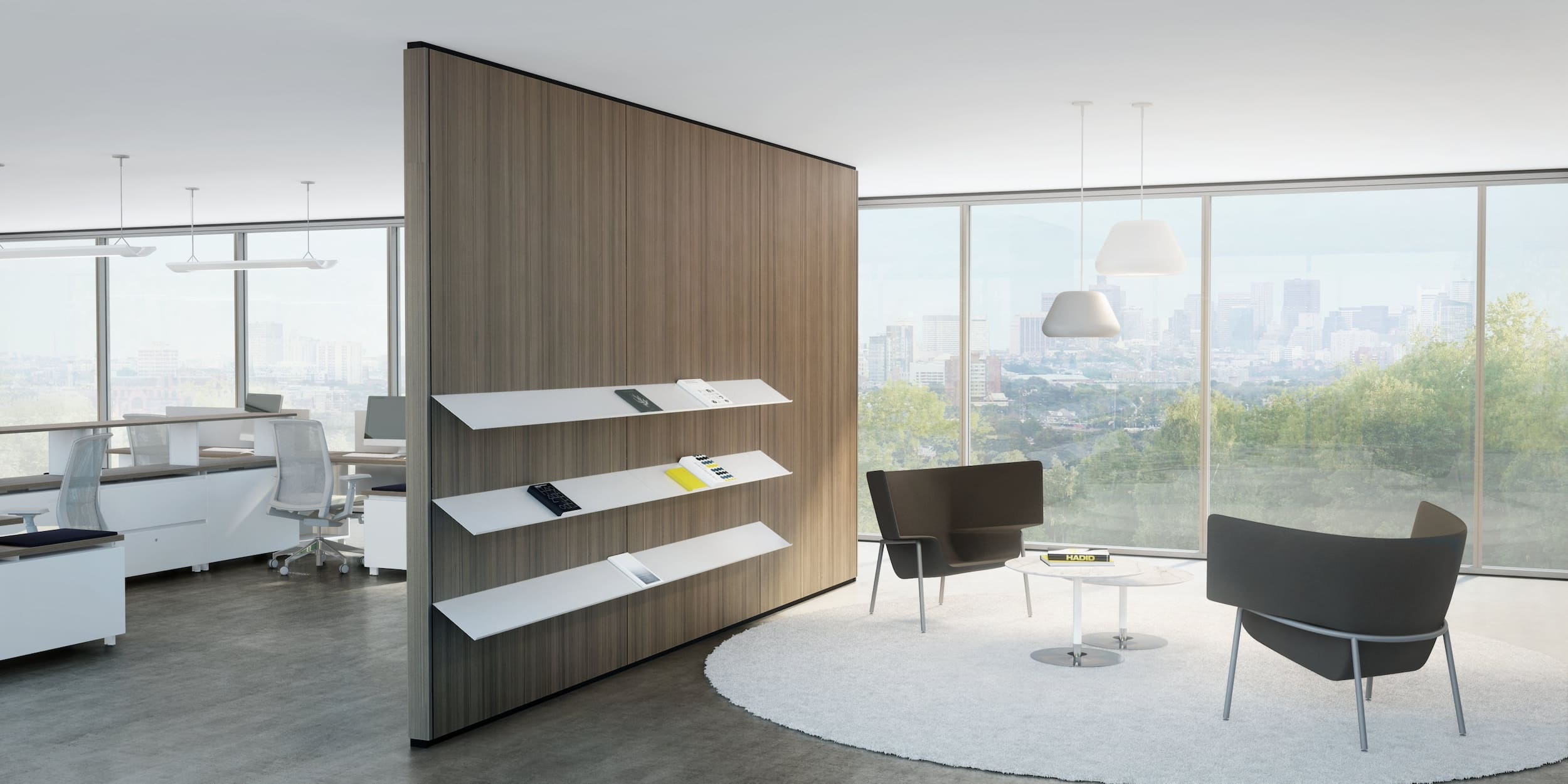 Modern office space with a wooden partition and white shelves.
