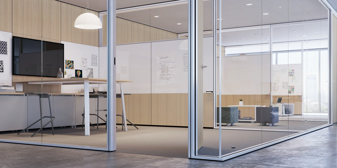 Modern office interior with glass walls and wooden panels