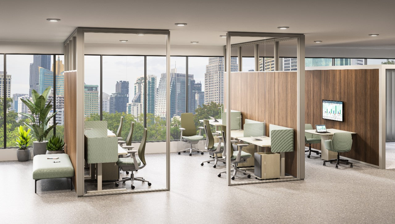 Modern office space with glass partitions and cityscape view