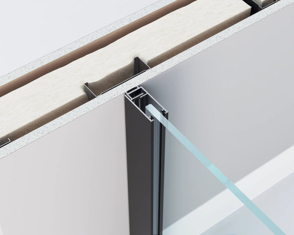 Close-up of a glass door mechanism with a white frame.