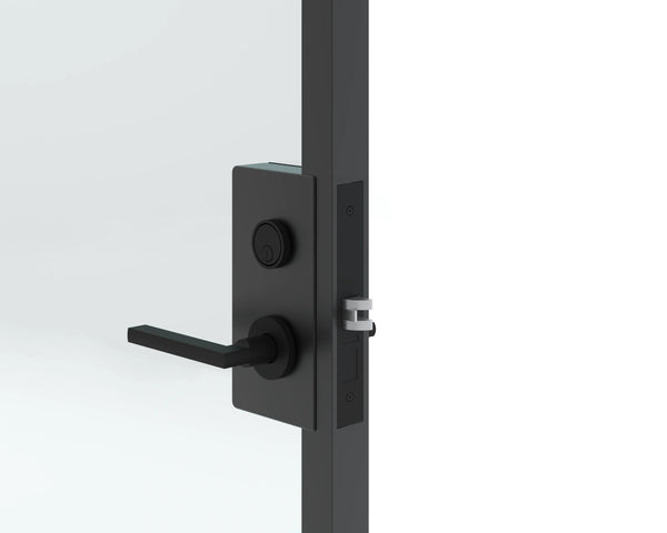 Black door handle and lock mechanism on a white background