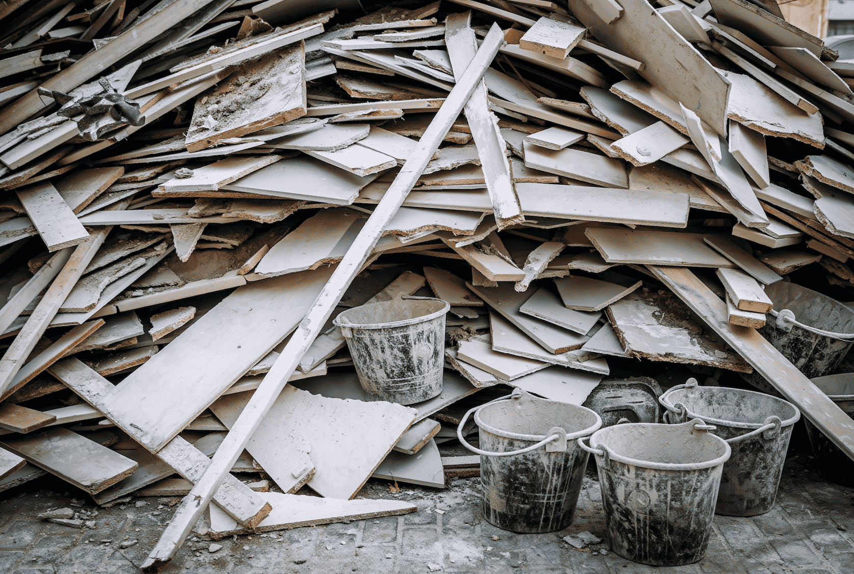Pile of wooden planks with buckets in a construction or demolition site.
