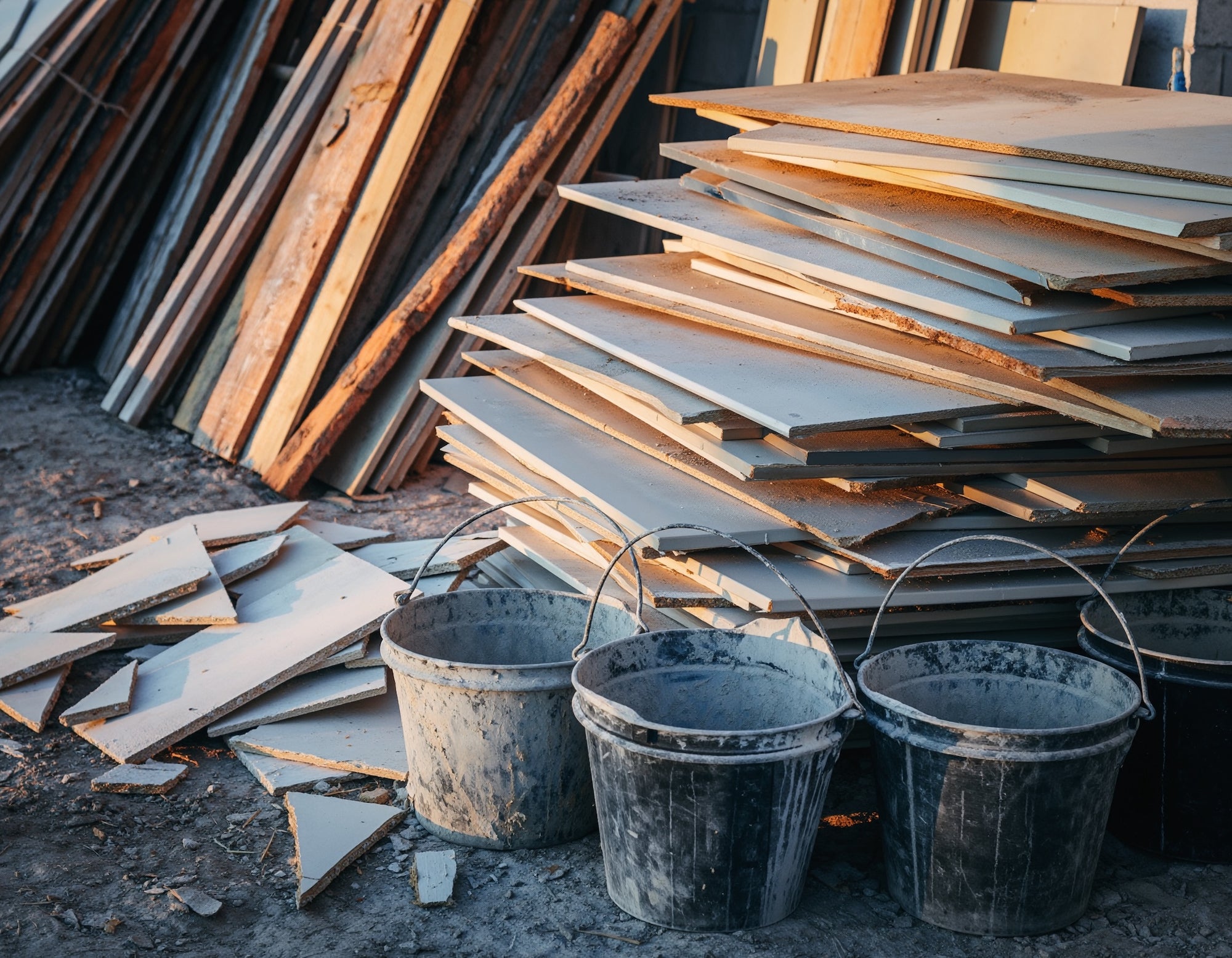 Stacks of wooden planks and buckets on a construction site