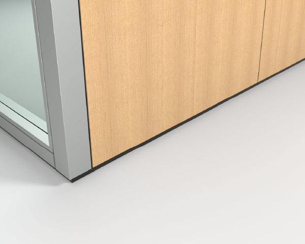 Close-up of a wooden panel with a glass section on a white background