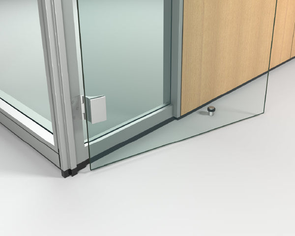Glass office partition with wooden panel on a white floor