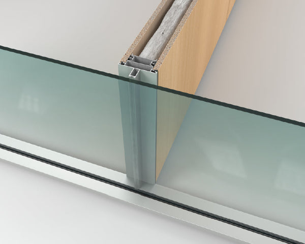 Close-up of a glass panel with a metallic frame on a white background