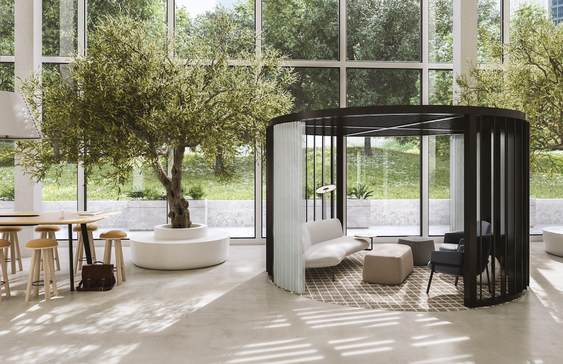 Modern indoor space with a black partition, white sofa, and large windows.