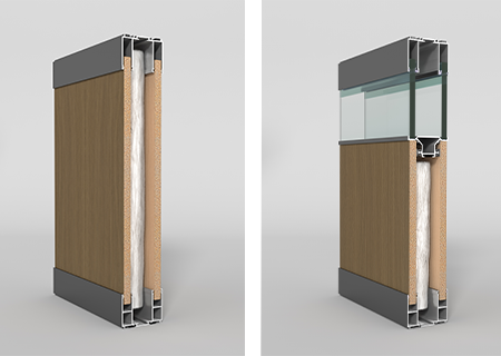 Cross-section view of a building facade with wooden panel and glass insert on a gray background