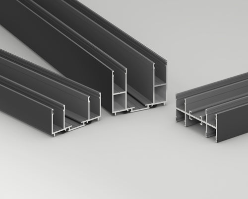 Set of metallic profiles on a gray background