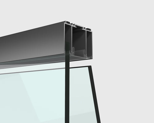 Close-up of a metallic frame with glass panel on a light gray background