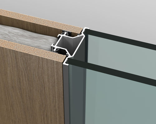 Close-up of a corner where wooden panel meets glass panel with metal trim.