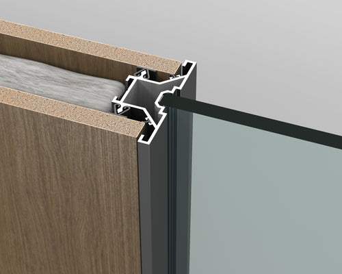 Close-up of a wooden frame with metal and glass components on a gray background