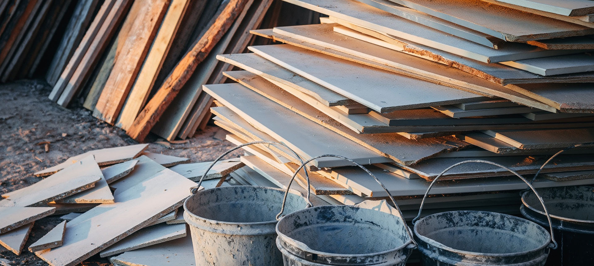 Stack of wooden planks with buckets in a workshop setting