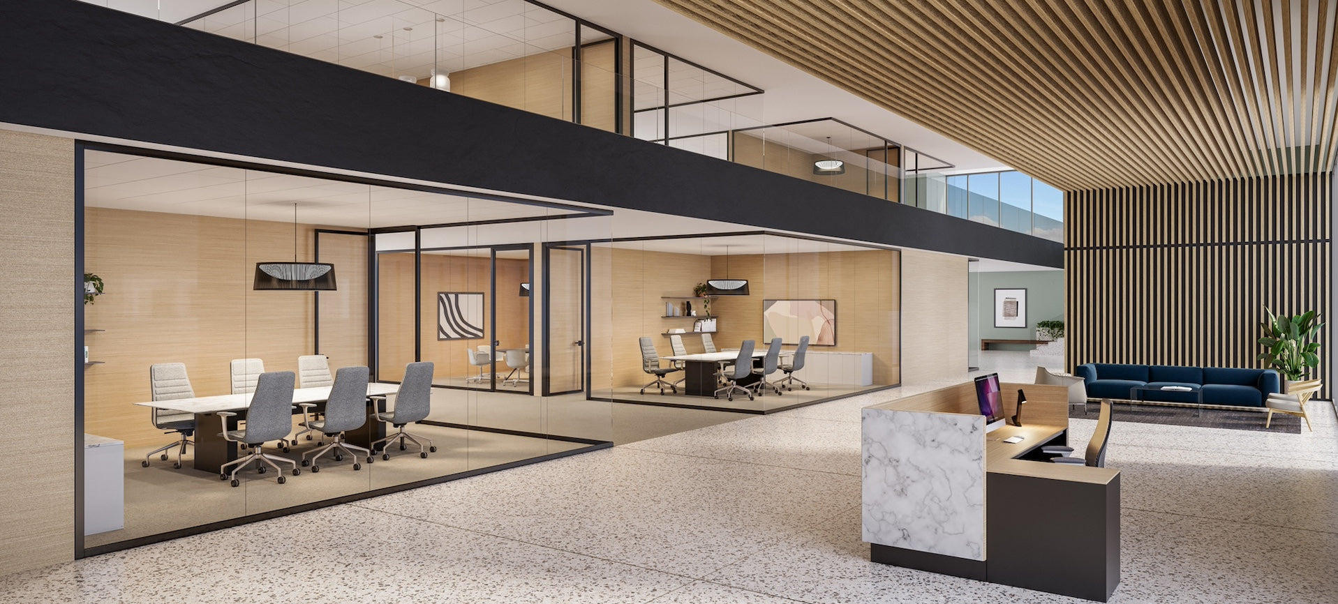 Modern office interior with glass walls and furniture