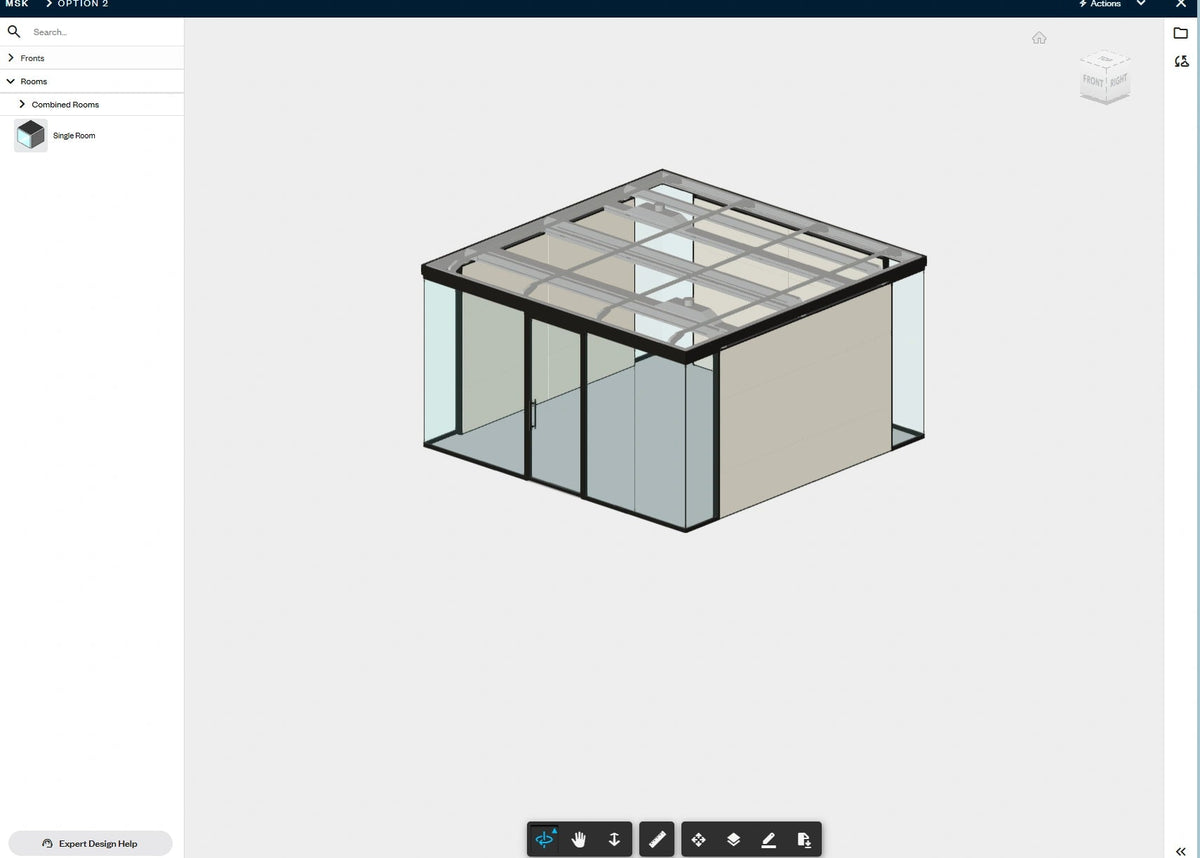 A 3D architectural rendering of a modern glass greenhouse or cold frame with a black metal frame and transparent panels, shown within a software interface titled HAWORTH BUILD Design.