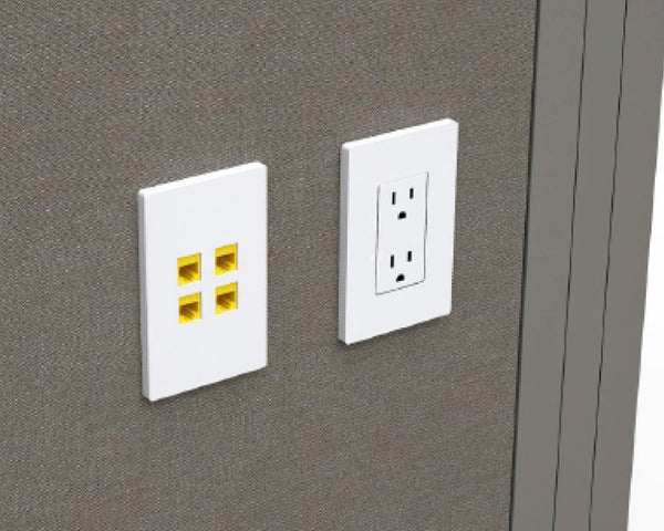 Two wall outlets on a gray wall with one having Ethernet ports.