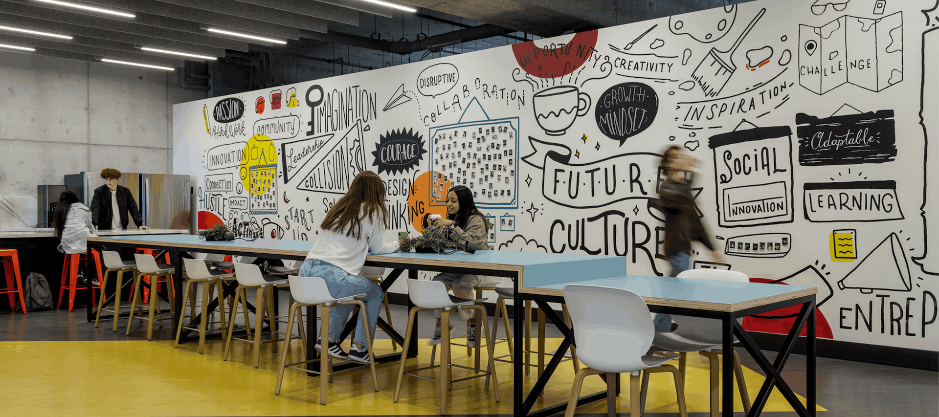 People sitting at a long table in a modern office with a large wall mural.